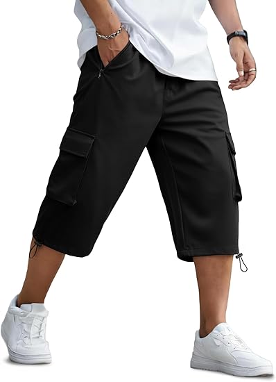 Men's 3/4 Length Cargo Shorts Elastic Waist Capri Pants with Zipper Pockets
